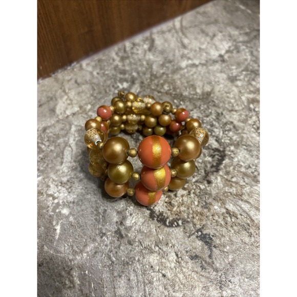 VTG 1950s 60s Peach Faux Pearl 3 Row Beaded Bracelet Memory Wire Wrap Champagne - Picture 1 of 4